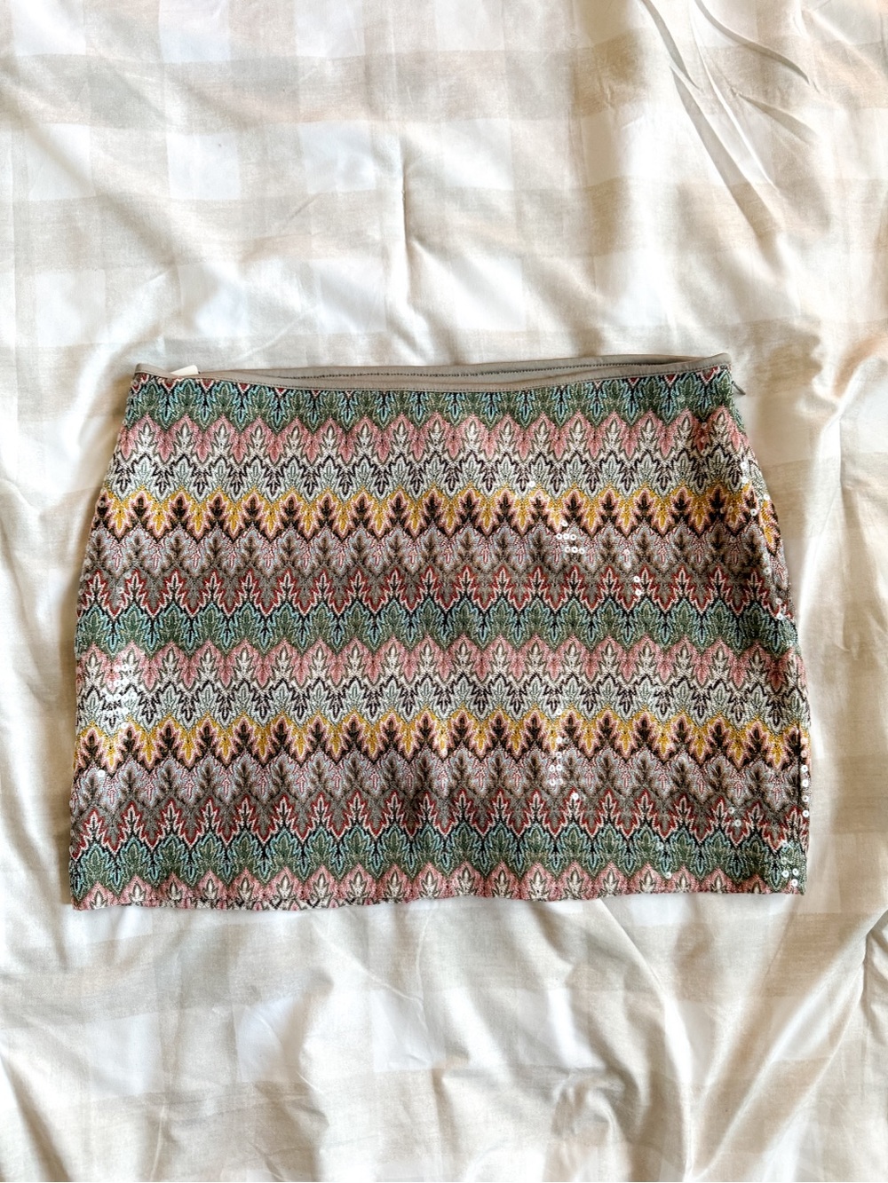 Express Multicolor Chevron Knit Mini Skirt — Pink, Green, Yellow, Cream, Gray